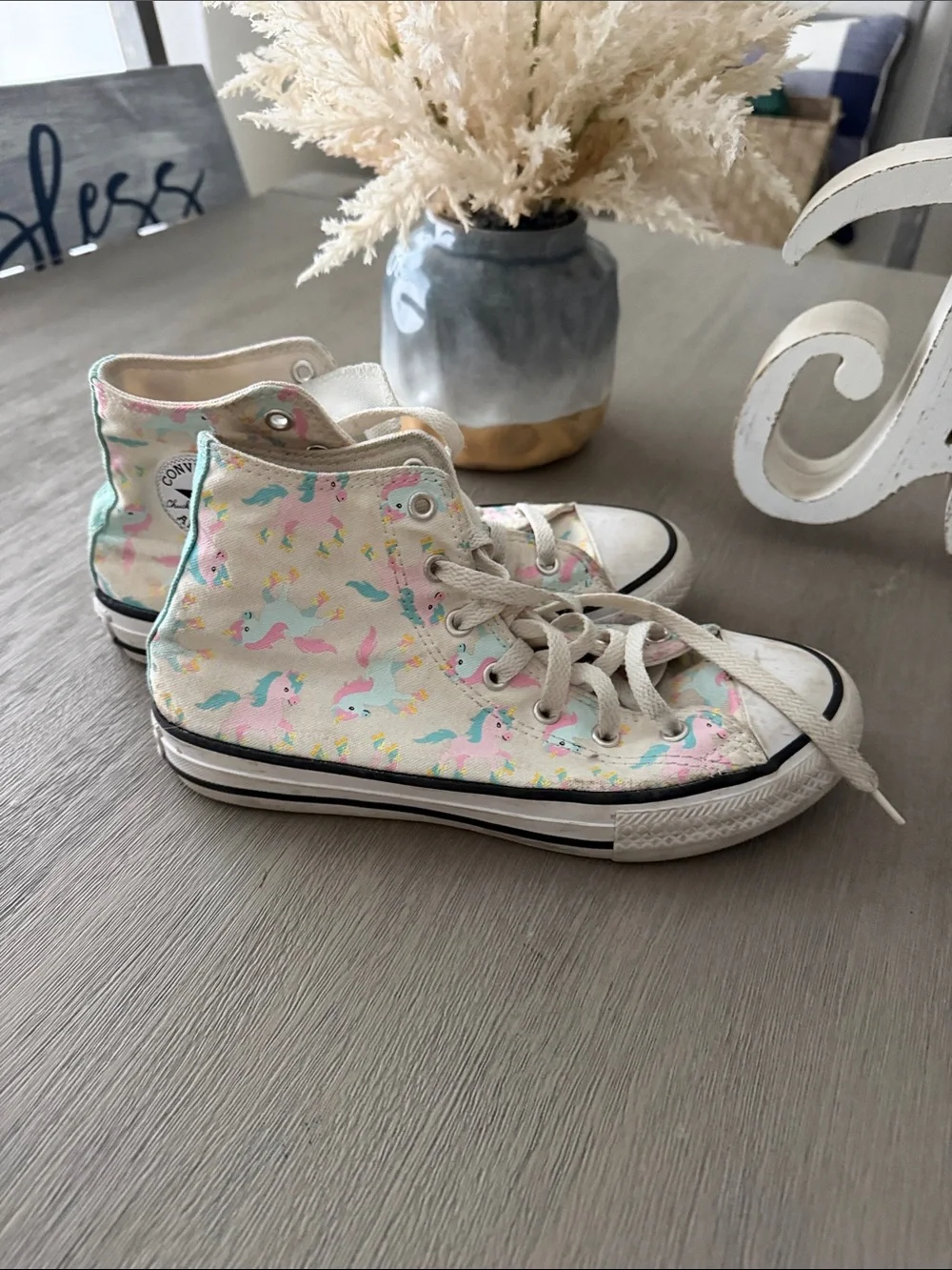 Converse Kids High-Top Sneakers in Cream with Pink & Blue Unicorns